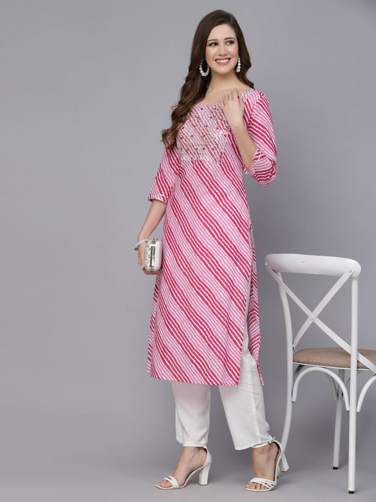 Stylum Women's Lehriya Printed & Embroidered Rayon Straight Kurta (PINKNISAR)