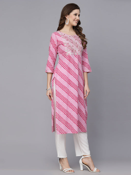 Stylum Women's Lehriya Printed & Embroidered Rayon Straight Kurta (PINKNISAR)