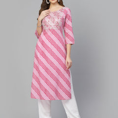 Stylum Women's Lehriya Printed & Embroidered Rayon Straight Kurta (PINKNISAR)