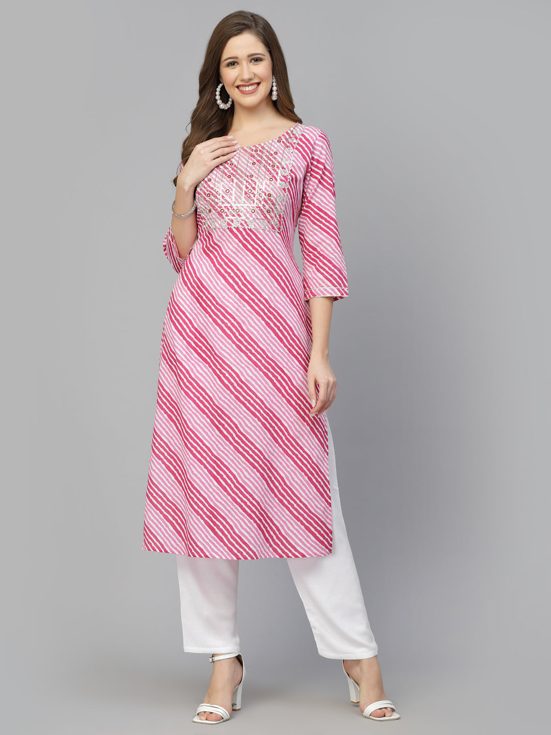 Stylum Women's Lehriya Printed & Embroidered Rayon Straight Kurta (PINKNISAR)