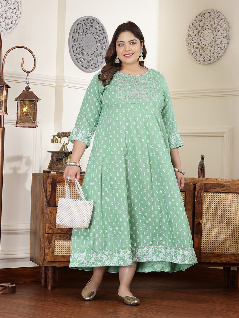 Plus Size Women's Green Printed & Embroidered Rayon Anarkali Kurta (PISTADIONPLUS)