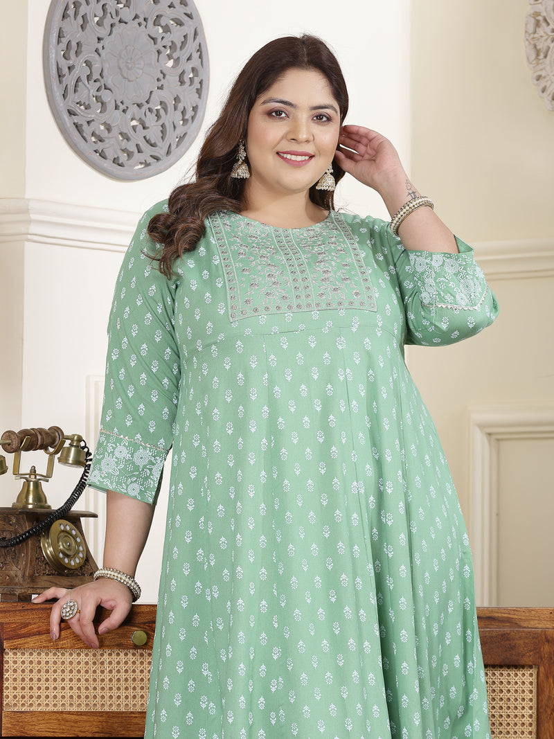 Plus Size Women's Green Printed & Embroidered Rayon Anarkali Kurta (PISTADIONPLUS)