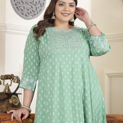 Plus Size Women's Green Printed & Embroidered Rayon Anarkali Kurta (PISTADIONPLUS)