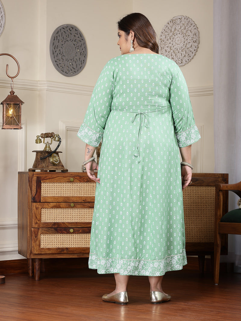 Plus Size Women's Green Printed & Embroidered Rayon Anarkali Kurta (PISTADIONPLUS)