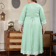 Plus Size Women's Green Printed & Embroidered Rayon Anarkali Kurta (PISTADIONPLUS)
