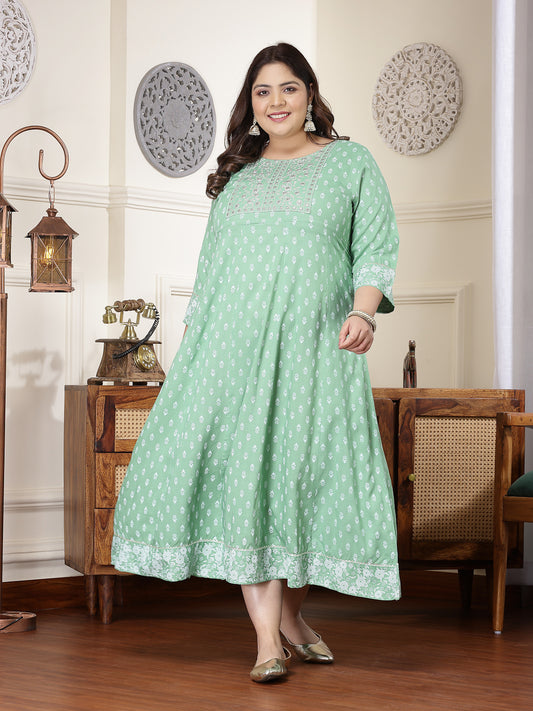 Plus Size Women's Green Printed & Embroidered Rayon Anarkali Kurta (PISTADIONPLUS)