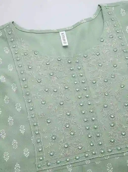 Stylum Women's Green Printed & Embroidered Rayon Anarkali Kurta (PISTADION)