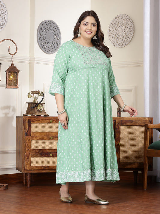 Plus Size Women's Green Printed & Embroidered Rayon Anarkali Kurta (PISTADIONPLUS)