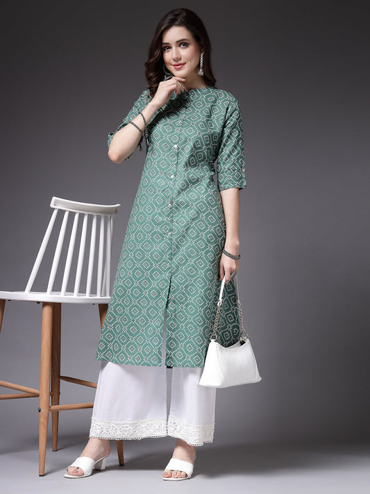 Stylum Women's Bandhej Printed Cotton A-Line Kurta (PISTATARA)