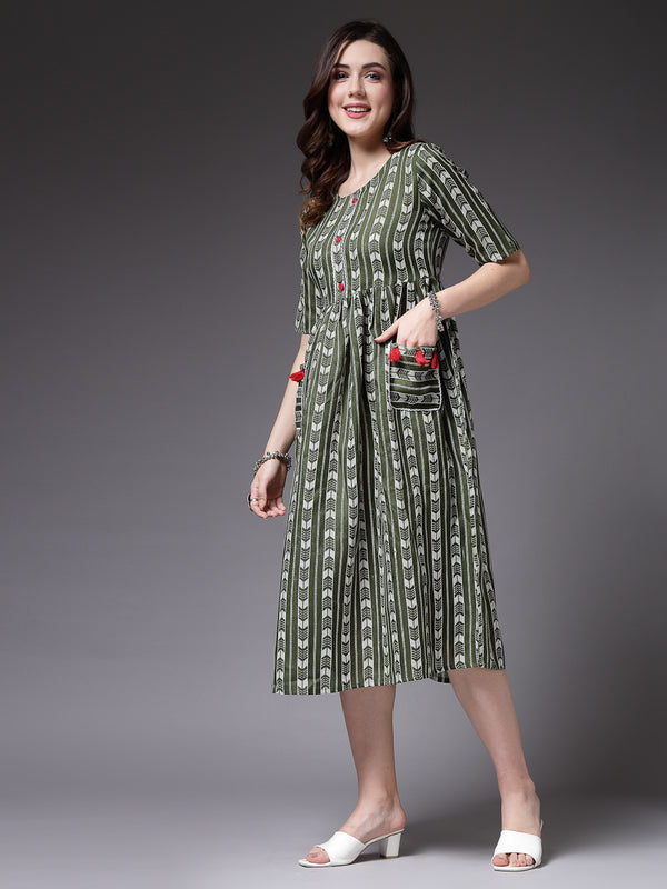 Stylum Women's Self Design Cotton Blend Maxi Dress (POPPYGREEN)