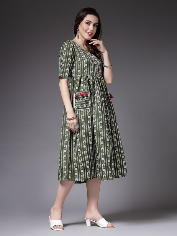 Stylum Women's Self Design Cotton Blend Maxi Dress (POPPYGREEN)