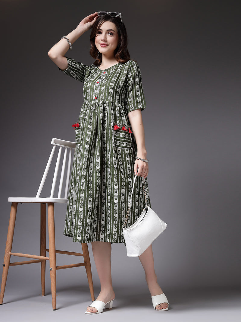 Stylum Women's Self Design Cotton Blend Maxi Dress (POPPYGREEN)