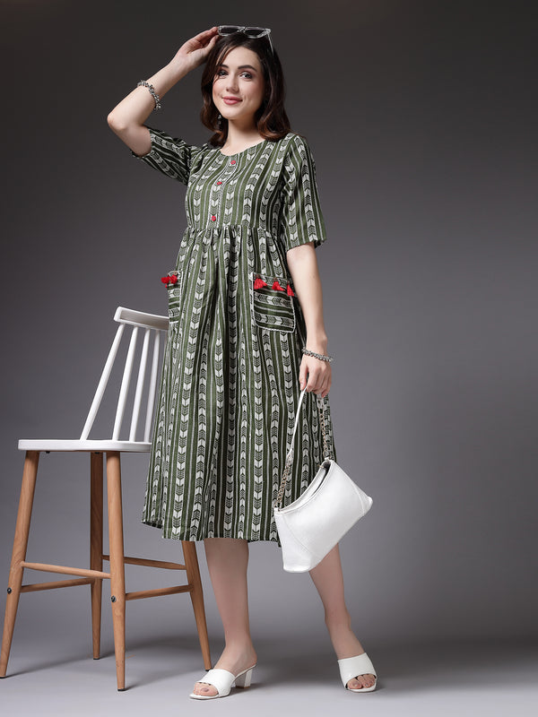 Stylum Women's Self Design Cotton Blend Maxi Dress (POPPYGREEN)