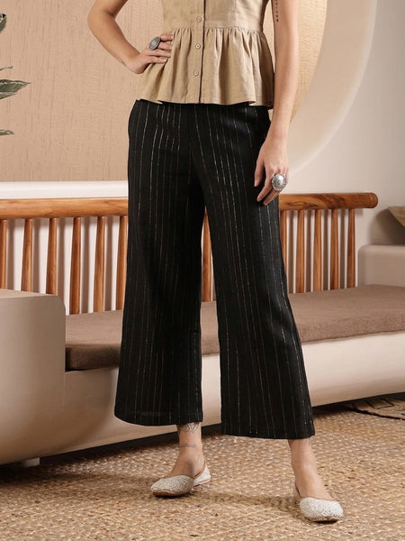 Stylum Women's Black Woven Design Cotton Blend Trousers (PTBLACKHUMMER)