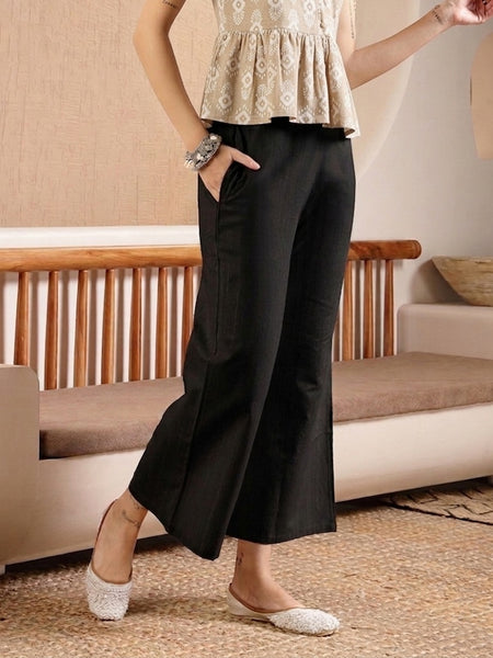 Stylum Women's Black Woven Design Cotton Blend Trousers (PTBLACKHUMMER)