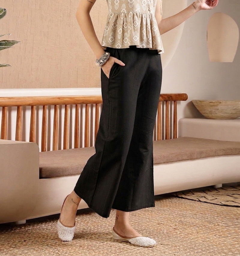 Stylum Women's Black Woven Design Cotton Blend Trousers (PTBLACKHUMMER)