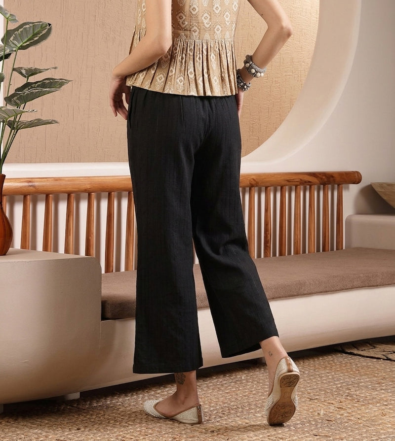 Stylum Women's Black Woven Design Cotton Blend Trousers (PTBLACKHUMMER)