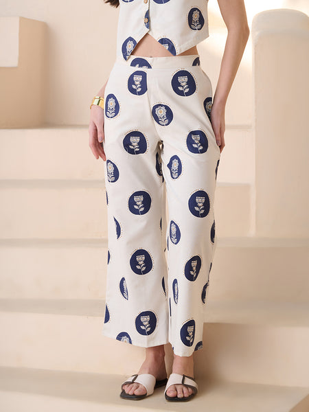 Stylum Women's Blue Botanical Printed Cotton Blend Trousers (PTBLUEIGNISH)
