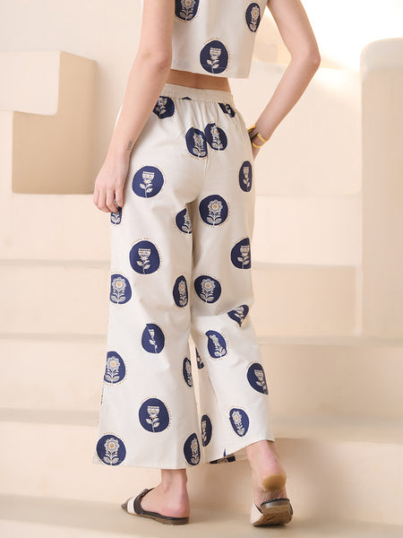 Stylum Women's Blue Botanical Printed Cotton Blend Trousers (PTBLUEIGNISH)