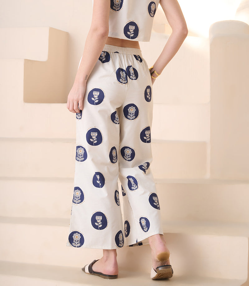 Stylum Women's Blue Botanical Printed Cotton Blend Trousers (PTBLUEIGNISH)