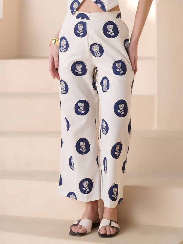 Stylum Women's Blue Botanical Printed Cotton Blend Trousers (PTBLUEIGNISH)