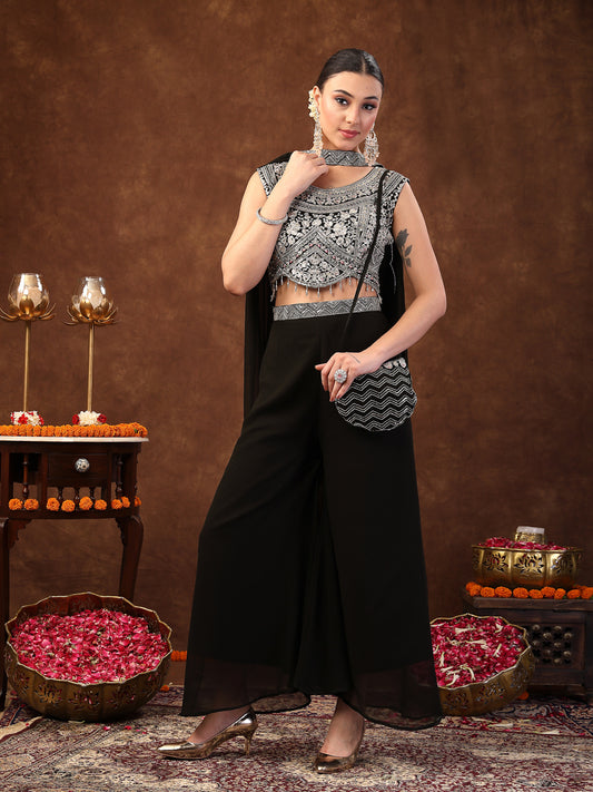 Stylum Women's Black Embellished Party Wear Georgette Palazzo & Blouse with Dupatta (PTDBLACKKASMIRA)