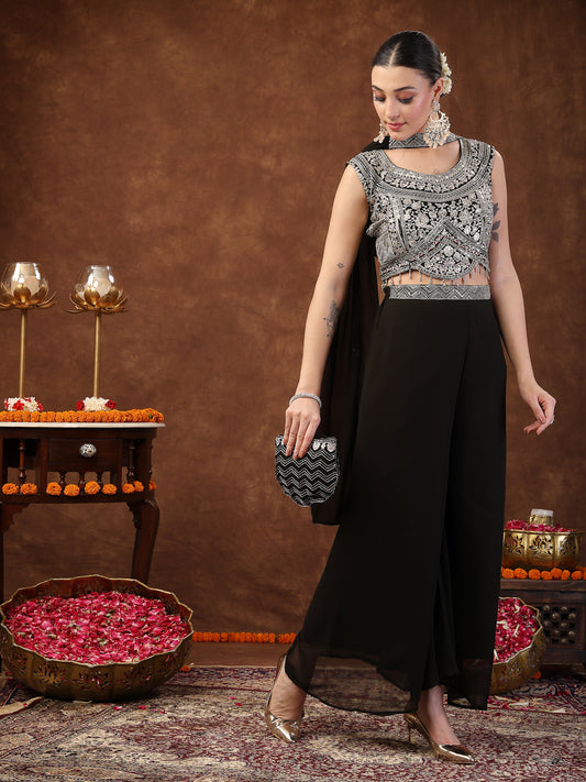 Stylum Women's Black Embellished Party Wear Georgette Palazzo & Blouse with Dupatta (PTDBLACKKASMIRA)