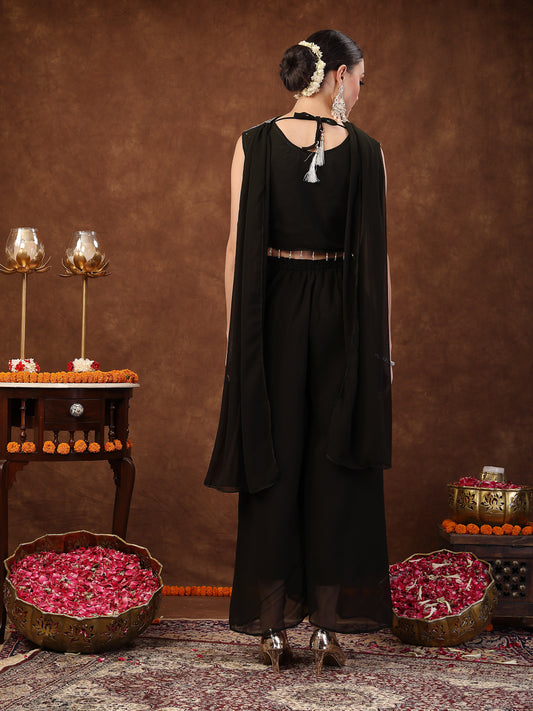 Stylum Women's Black Embellished Party Wear Georgette Palazzo & Blouse with Dupatta (PTDBLACKKASMIRA)