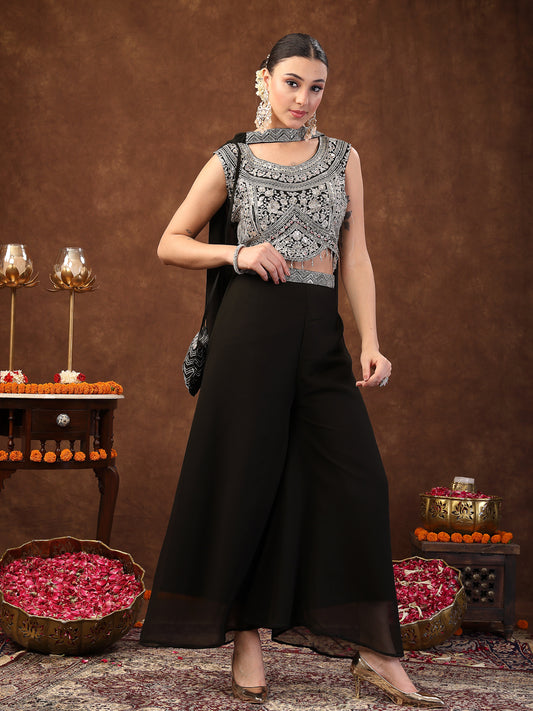 Stylum Women's Black Embellished Party Wear Georgette Palazzo & Blouse with Dupatta (PTDBLACKKASMIRA)