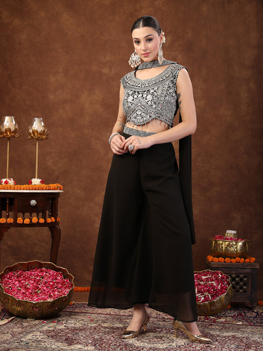 Stylum Women's Black Embellished Party Wear Georgette Palazzo & Blouse with Dupatta (PTDBLACKKASMIRA)