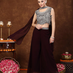 Stylum Women's Wine Embellished Party Wear Georgette Palazzo & Blouse with Dupatta (PTDWINEKASMIRA)