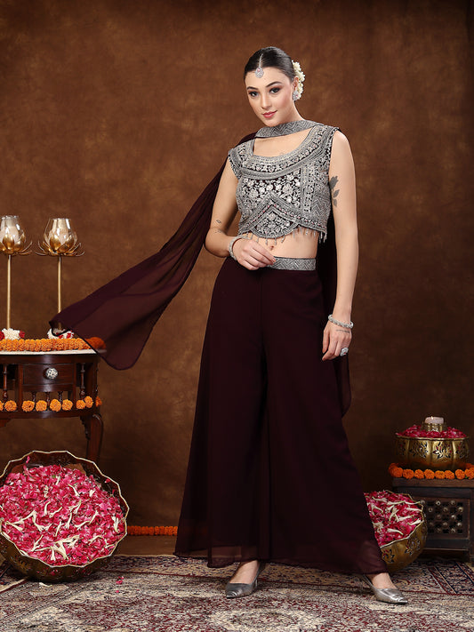 Stylum Women's Wine Embellished Party Wear Georgette Palazzo & Blouse with Dupatta (PTDWINEKASMIRA)