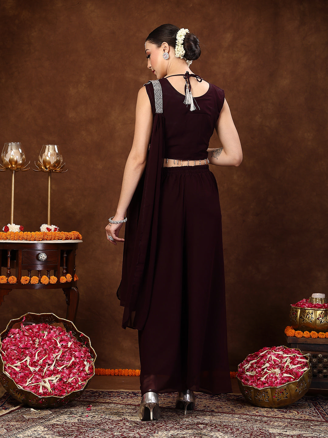 Stylum Women's Wine Embellished Party Wear Georgette Palazzo & Blouse with Dupatta (PTDWINEKASMIRA)