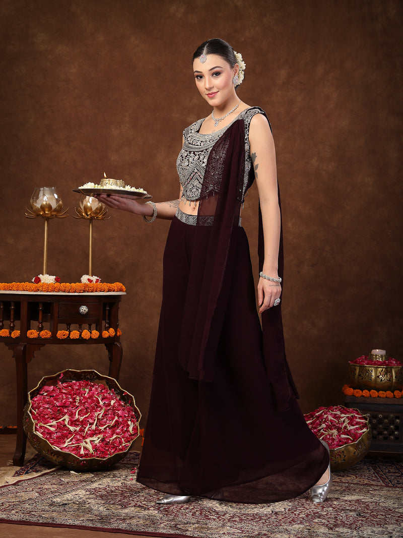 Stylum Women's Wine Embellished Party Wear Georgette Palazzo & Blouse with Dupatta (PTDWINEKASMIRA)