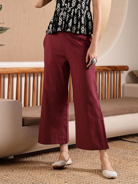 Stylum Women's Maroon Woven Design Cotton Blend Trousers (PTMAROONHUMMER)