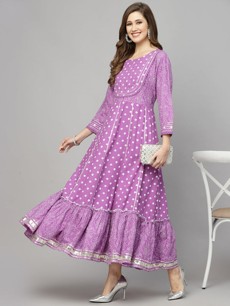 Stylum Women's Bandhani Printed & Embellished Rayon Anarkali Kurta (PURPLEGORI)