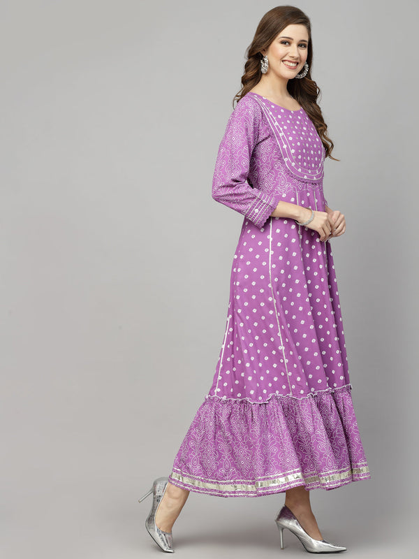 Stylum Women's Bandhani Printed & Embellished Rayon Anarkali Kurta (PURPLEGORI)