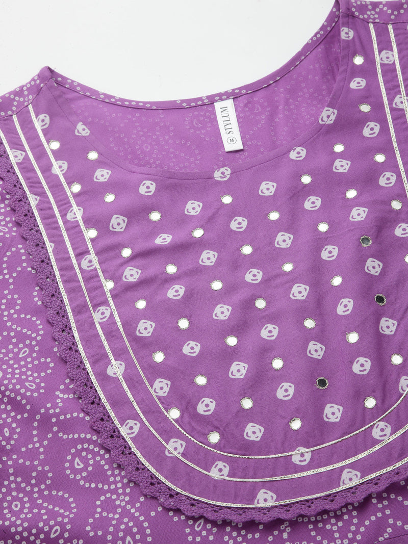 Stylum Women's Bandhani Printed & Embellished Rayon Anarkali Kurta (PURPLEGORI)