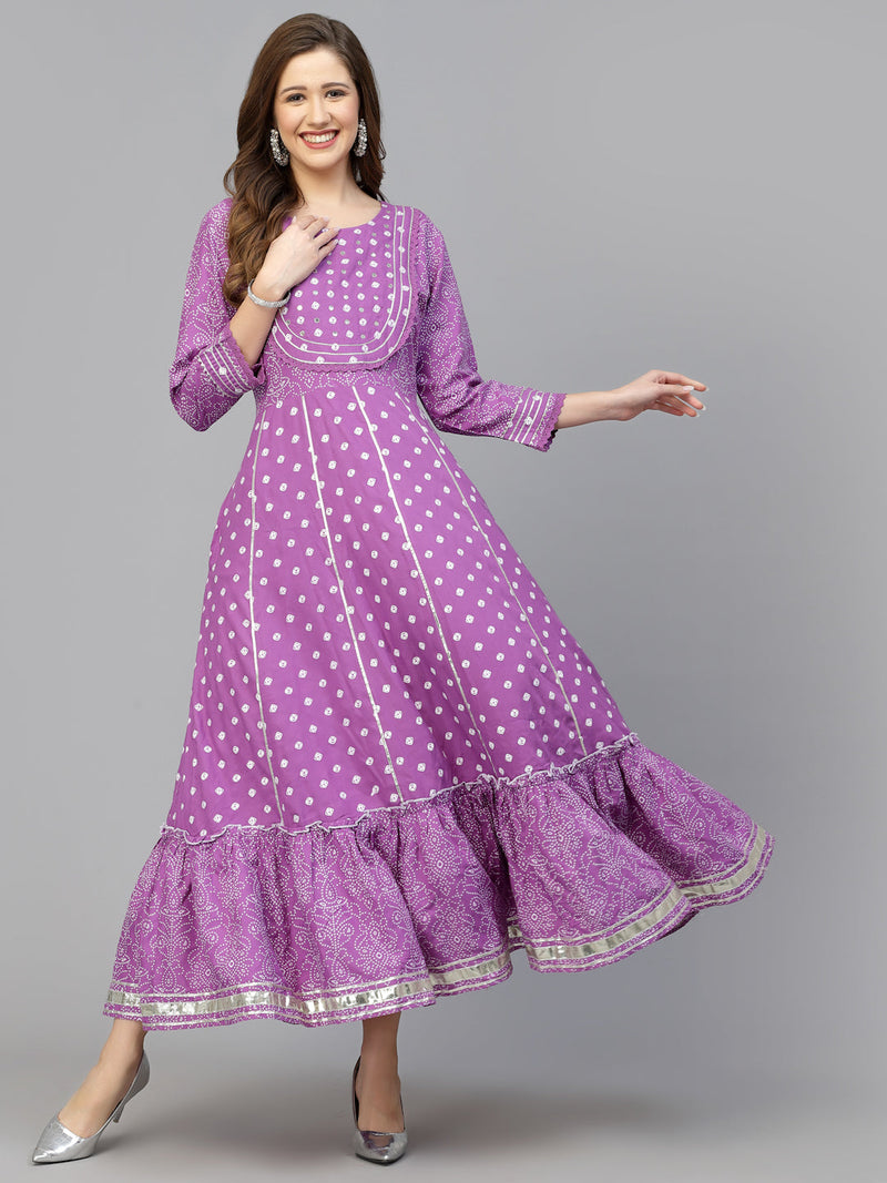 Stylum Women's Bandhani Printed & Embellished Rayon Anarkali Kurta (PURPLEGORI)