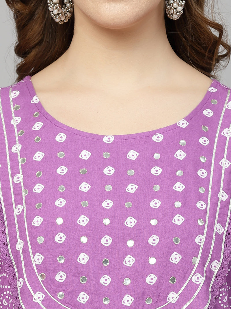 Stylum Women's Bandhani Printed & Embellished Rayon Anarkali Kurta (PURPLEGORI)