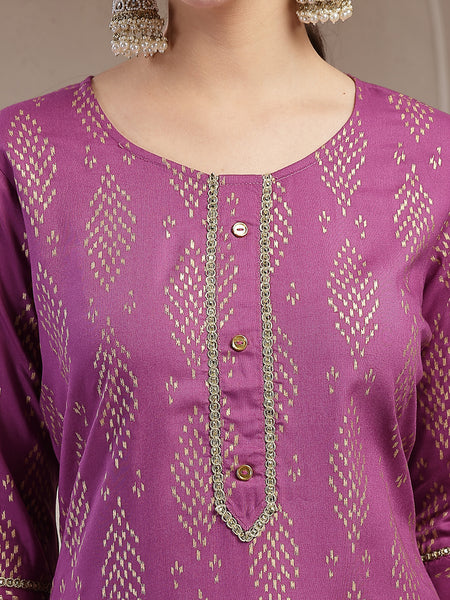 Stylum Women's Purple Ikat Printed Rayon A-line Kurta (PURPLEGUCHI)
