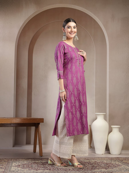 Stylum Women's Purple Ikat Printed Rayon A-line Kurta (PURPLEGUCHI)