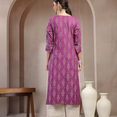 Stylum Women's Purple Ikat Printed Rayon A-line Kurta (PURPLEGUCHI)