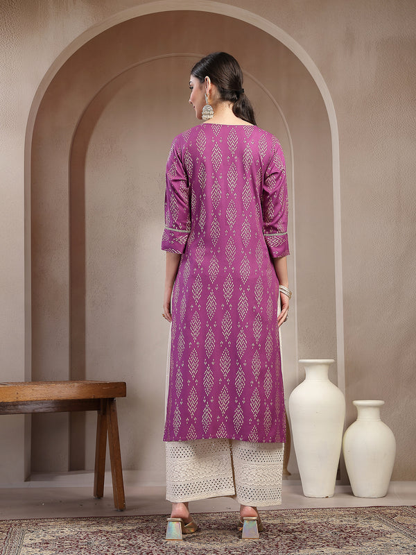 Stylum Women's Purple Ikat Printed Rayon A-line Kurta (PURPLEGUCHI)