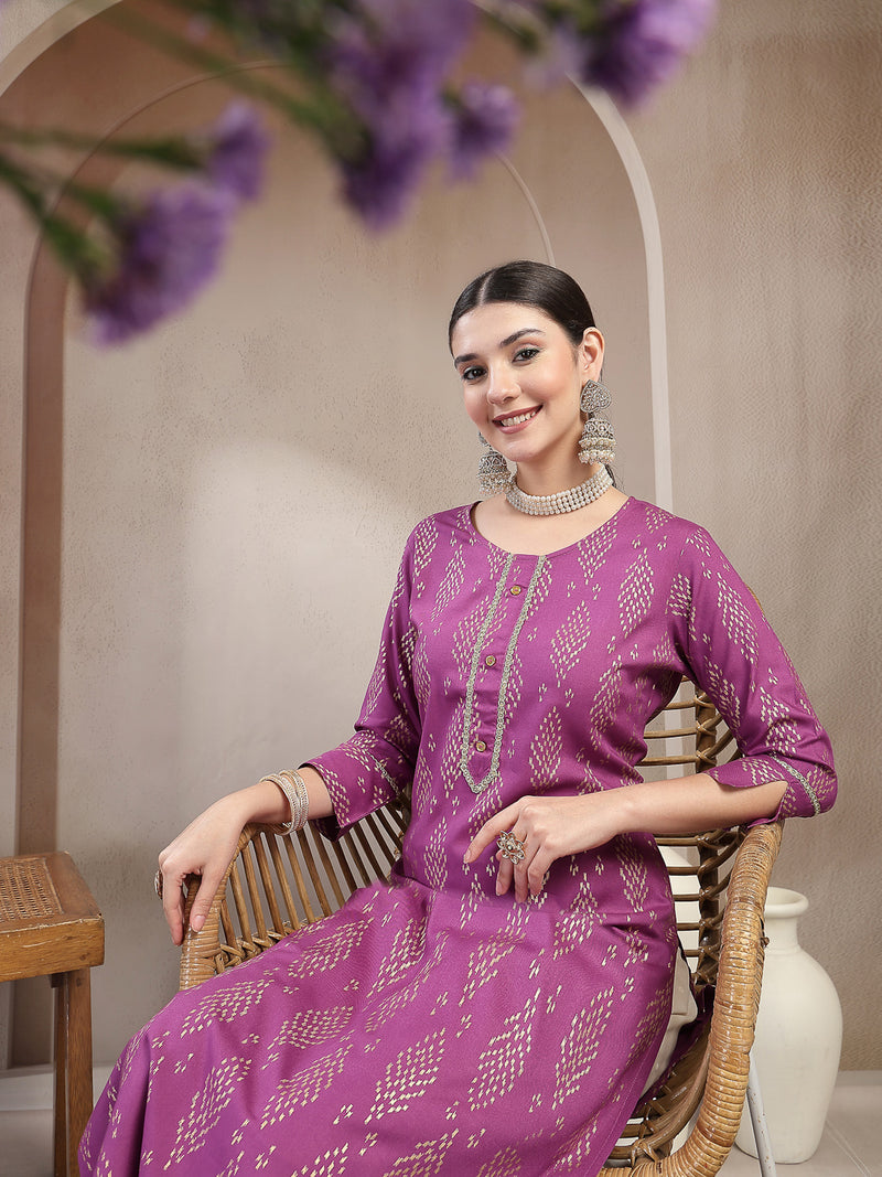 Stylum Women's Purple Ikat Printed Rayon A-line Kurta (PURPLEGUCHI)