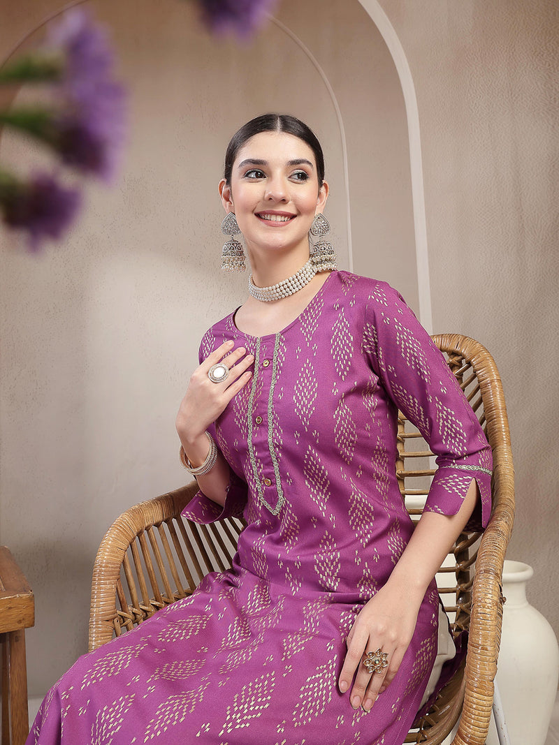 Stylum Women's Purple Ikat Printed Rayon A-line Kurta (PURPLEGUCHI)