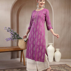 Stylum Women's Purple Ikat Printed Rayon A-line Kurta (PURPLEGUCHI)