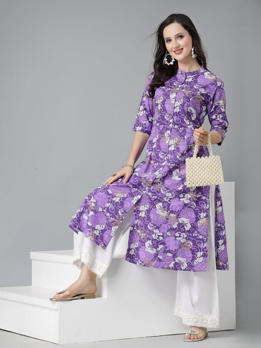 Stylum Women's Printed Rayon A-Line Kurta (PURPLESHARK)