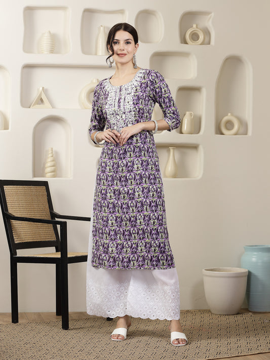 Stylum Women's Purple Printed & Embroidered Rayon Straight Chicken Kurta (PURPLETONY)