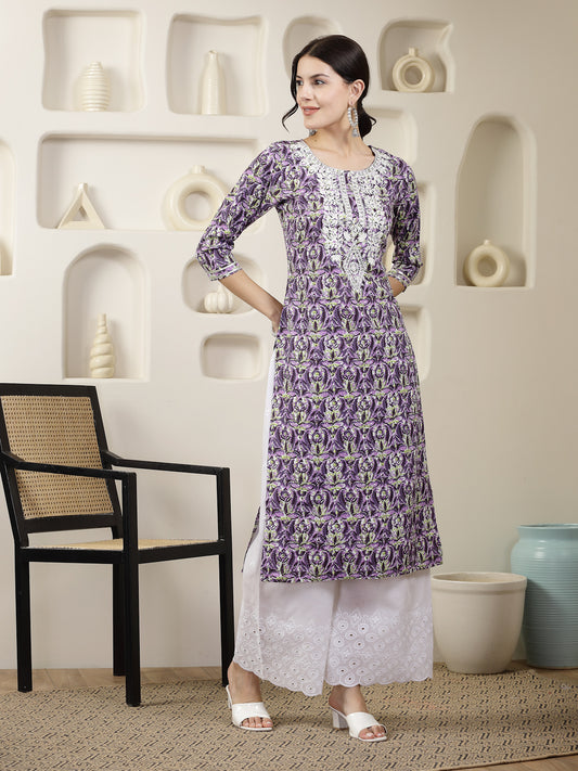 Stylum Women's Purple Printed & Embroidered Rayon Straight Chicken Kurta (PURPLETONY)